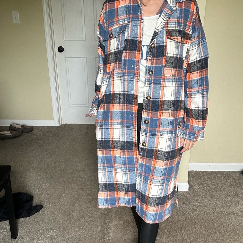 Easel | Plaid Long Shirt Jacket in Blue and Orange